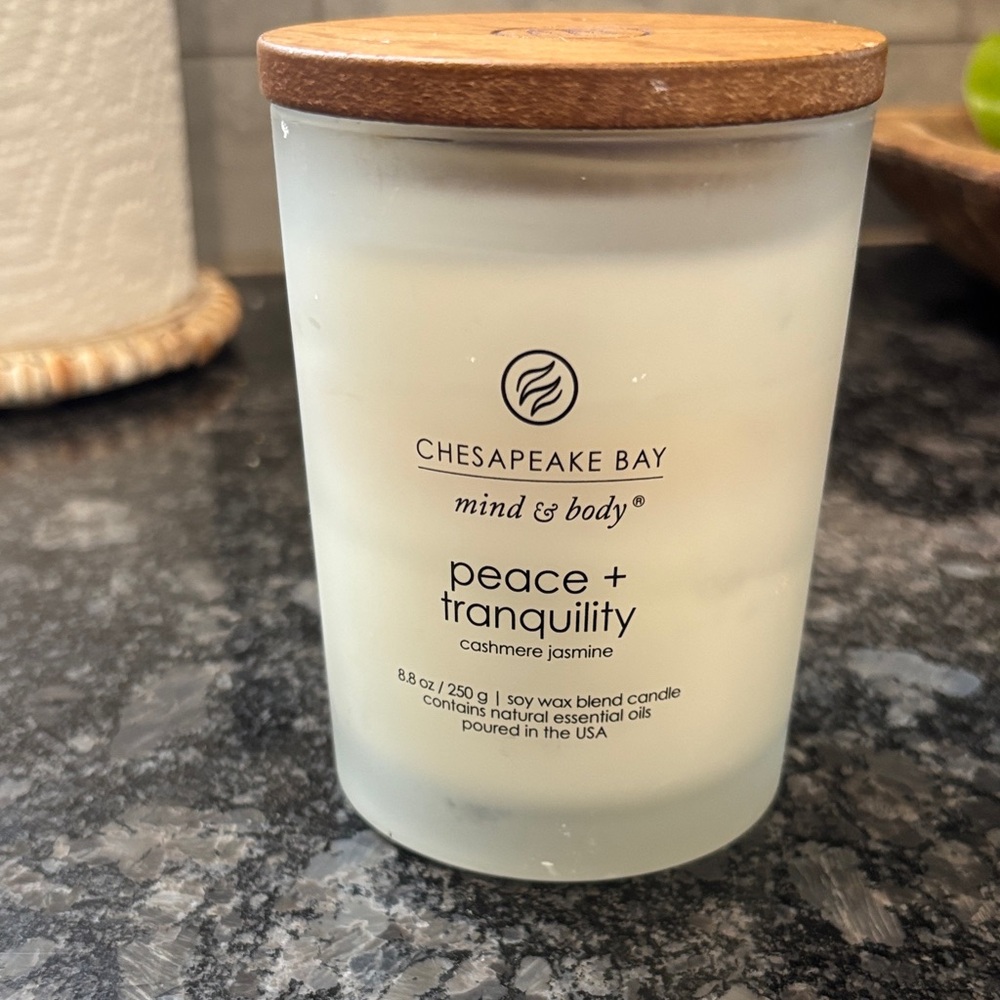 Chesapeake Bay Peace + Tranquility Candle — White Glass with Wood Lid